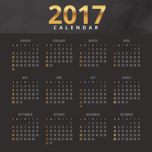 Free vector elegant black and gold calendar 2017