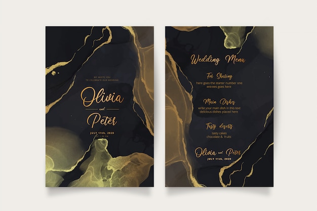 Free vector elegant black and golden wedding invitation and menu template