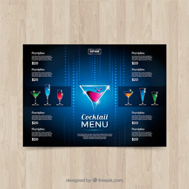 Free vector elegant blue cocktail menu template