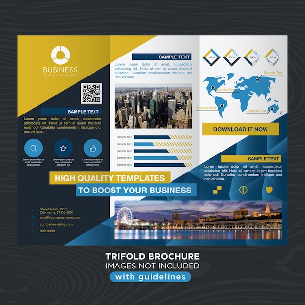 Vettore gratuito modello di brochure trifold design elegante blu business oro