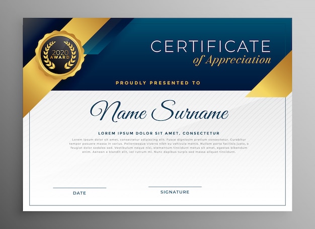 Elegant blue and gold certicate template design