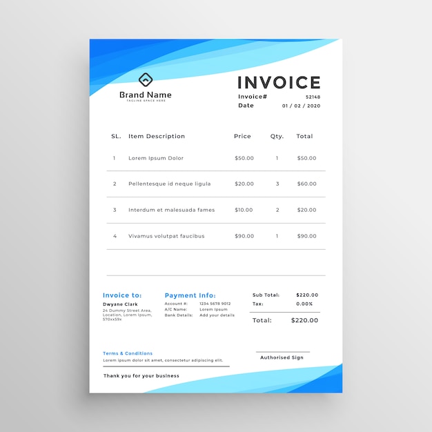 Free vector elegant blue minimal style invoice template