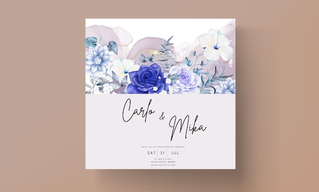 Free vector elegant blue navy and purple watercolor floral wedding invitation card set