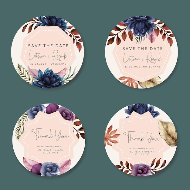 Free vector elegant blue navy watercolor floral label collection template