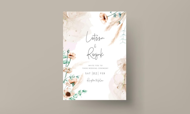 Free vector elegant bohemian wedding invitation card with hand drawn wildflowers