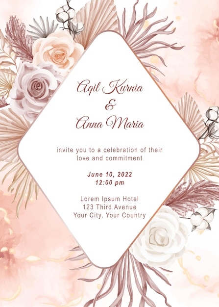 Элегантный шаблон приглашения на свадьбу с акварельной розой в стиле бохо