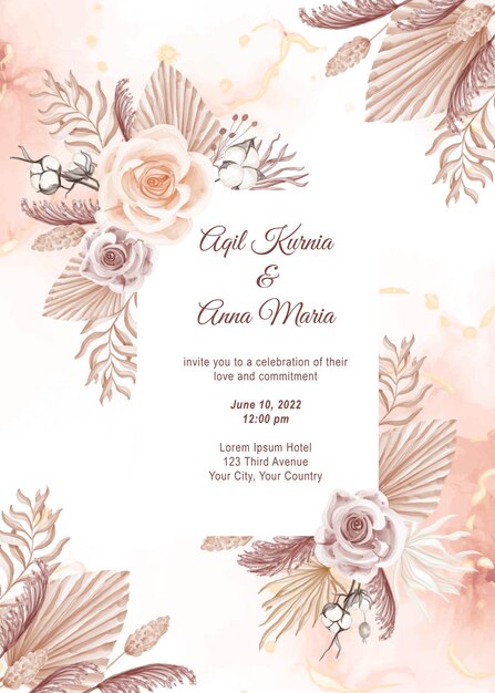 elegant boho engagement rose watercolor wedding invitation template
