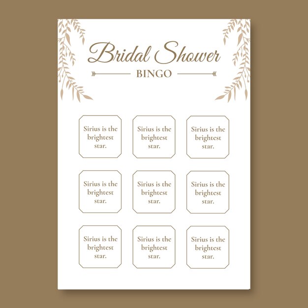 Elegant bridal shower bingo card