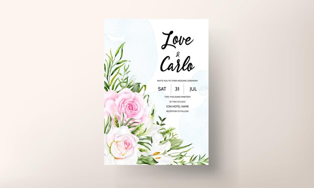 Elegant bridal shower invitation template with pink flower watercolor