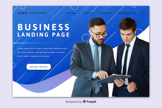 Free vector elegant business landing page with photo