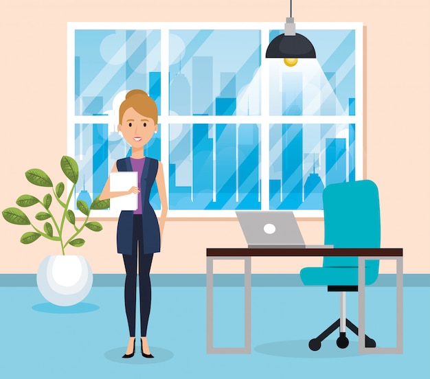 Free vector elegant businesswoman in the office scene