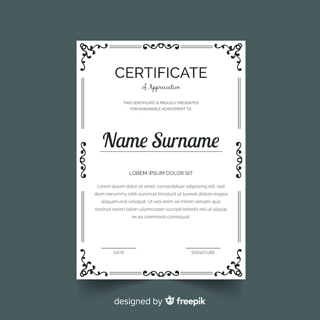 Free vector elegant certificate template with ornamental frame