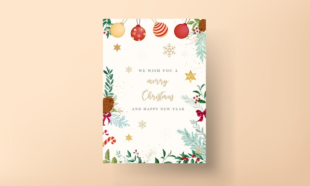 Elegant christmas card design with christmas ornaments and beautiful leaves