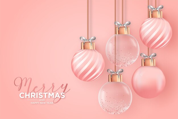 リアルなピンクのクリスマスボールとエレガントなクリスマスカード