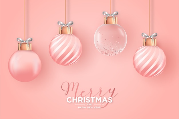 Elegant Christmas card with Realistic pink Christmas Balls