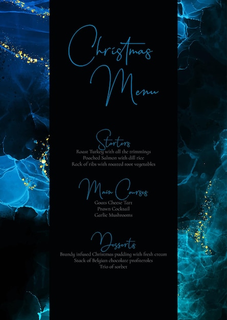 Elegante design del menu di natale con sfondo di inchiostro alcolico blu e oro