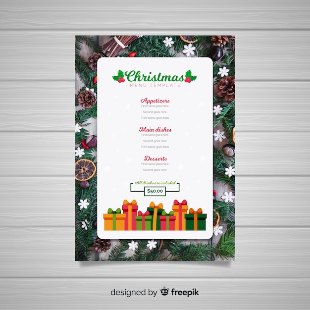 Vettore gratuito elegante modello di menu di natale con foto