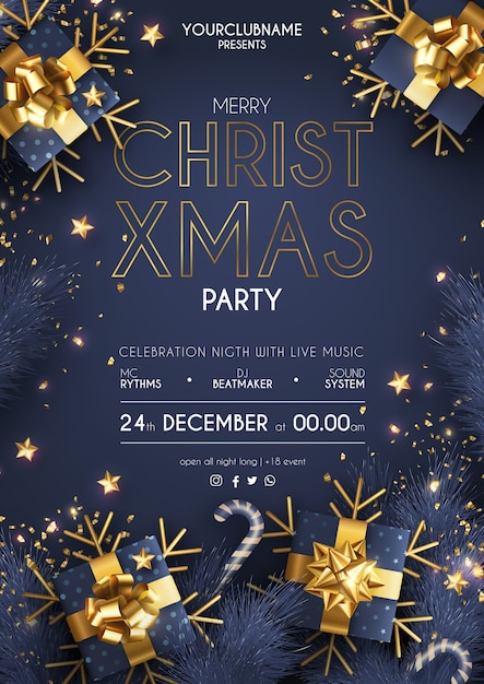 Elegant christmas party poster with realistic gifts