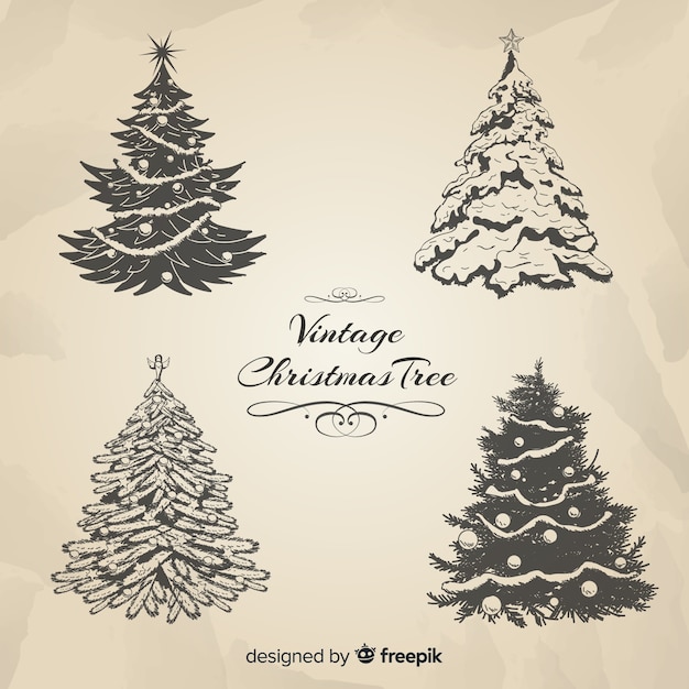 Vettore gratuito elegante collezione di alberi di natale con stile vintage