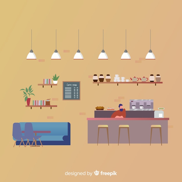 Free vector elegant coffee shop interior with flat design