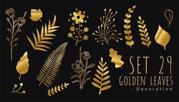 Free vector elegant collection of golden leaves on dark black background