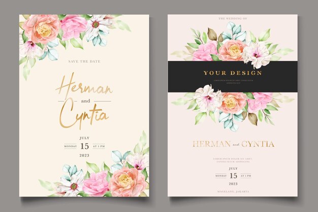 Free vector elegant colorful floral wedding invitation card set