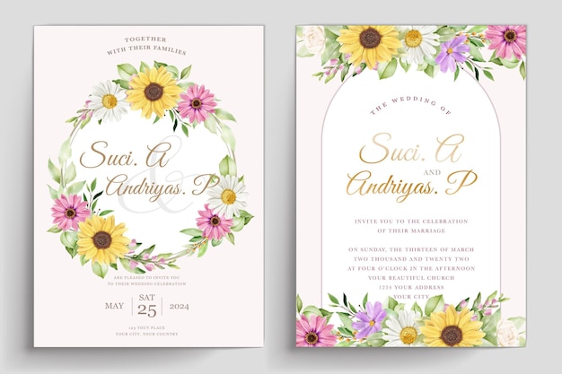 Free vector elegant daisy and sun flower wedding  invitation card set