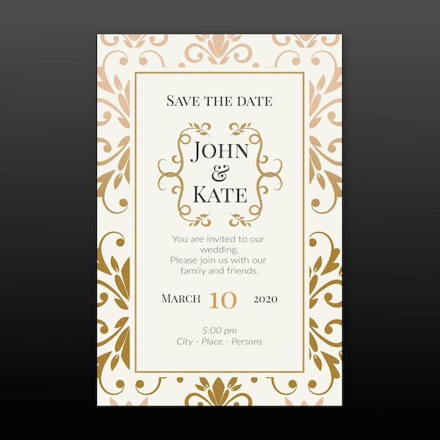 Free vector elegant damask wedding invitation template