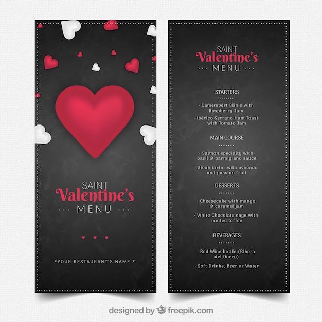 Vettore gratuito elegante modello di menu di san valentino scuro
