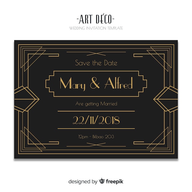 Free vector elegant dark wedding invitation template in art deco design