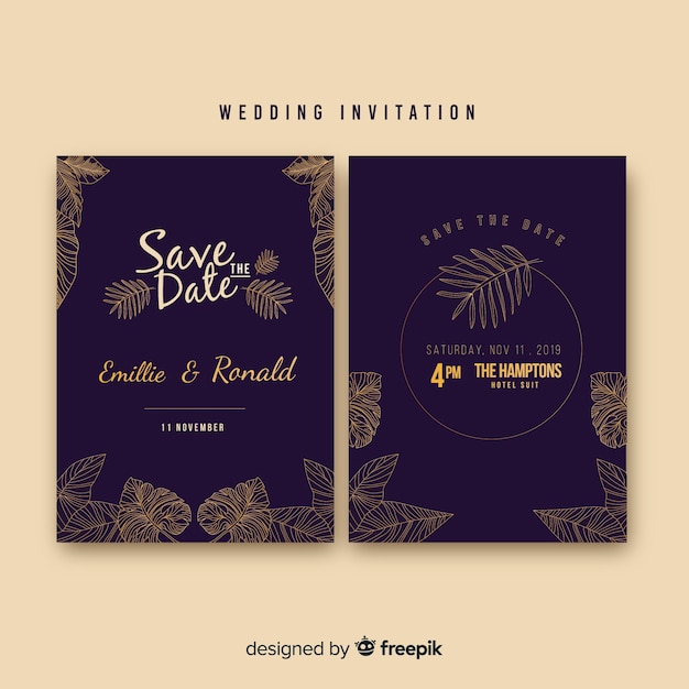 Elegant dark wedding invitation template with leaves