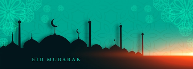 Free vector elegant eid mubarak mosque banner festival design