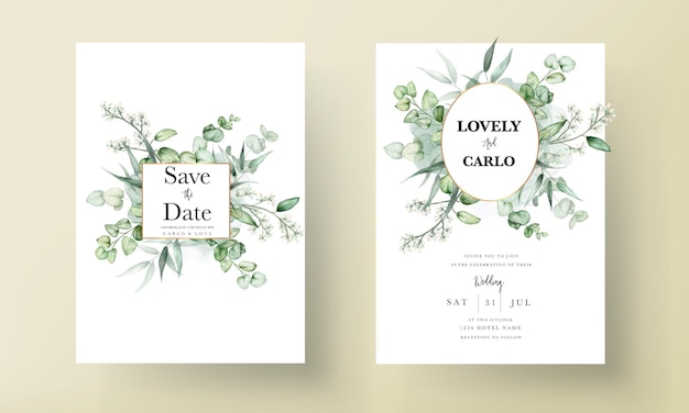 Elegant eucalyptus leaves watercolor wedding invitation card