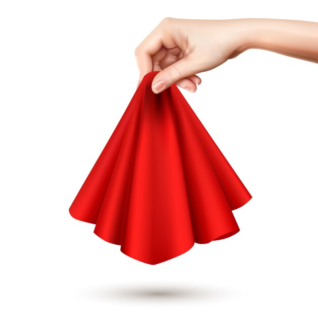 中央のリアルな画像を保持している赤い絹ラウンドドレープシルク布を上げるエレガントな女性の手