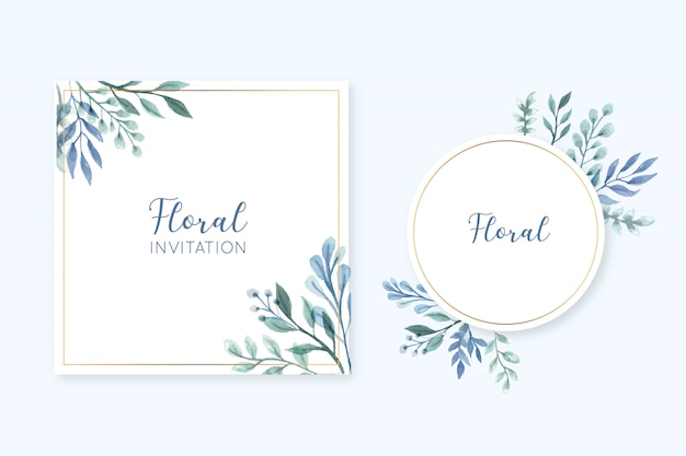 Elegant floral frame card set with watercolor leaves