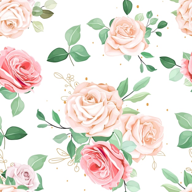 Elegant floral roses with green leaves seamless pattern