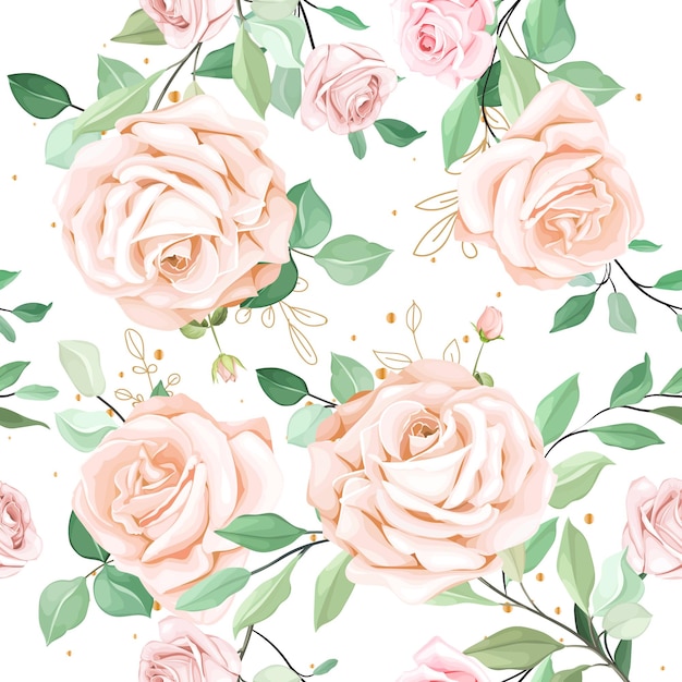 Free vector elegant floral roses with green leaves seamless pattern