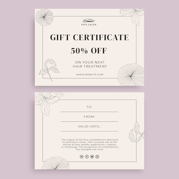 Free vector elegant floral vila's hair salon gift certificate