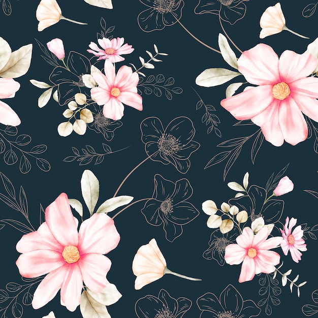 Elegant flower line and watercolor floral seamless pattern