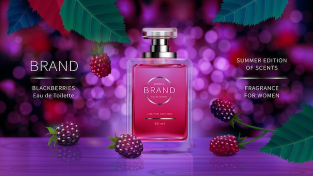 Free vector elegant glass bottle for women perfumes with wild berries