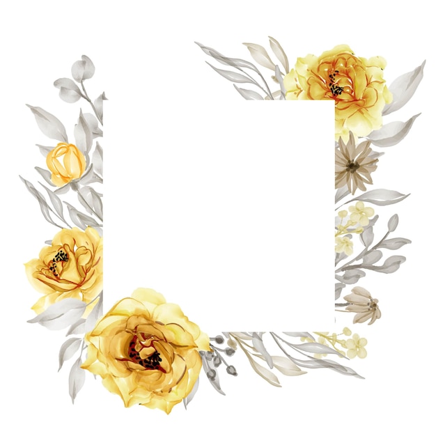 Elegant gold yellow rose flower frame watercolor