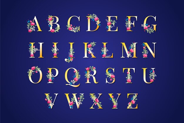 Elegant golden alphabet with flowers