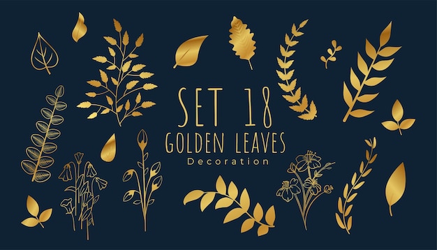 Free vector elegant golden leaves blue background in set