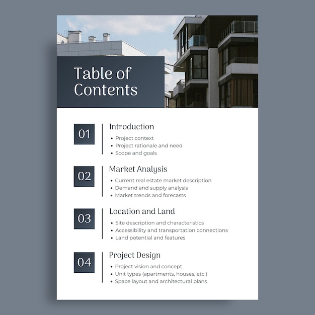 Elegant gradient real estate project table of contents