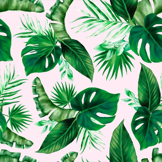 Elegant green tropical leaves watercolor seamless pattern