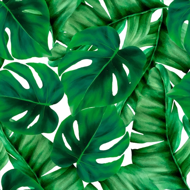 Free vector elegant green tropical leaves watercolor seamless pattern