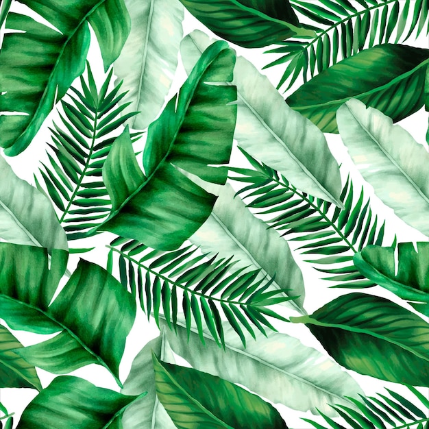 Free vector elegant green tropical leaves watercolor seamless pattern