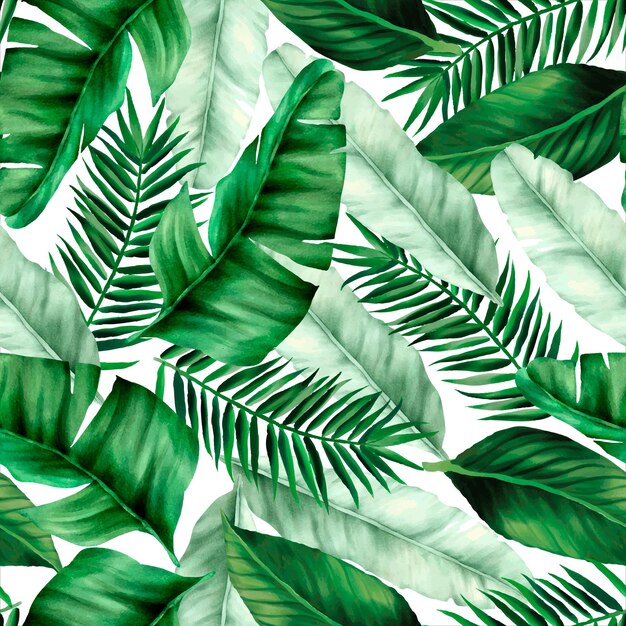 Elegant green tropical leaves watercolor seamless pattern