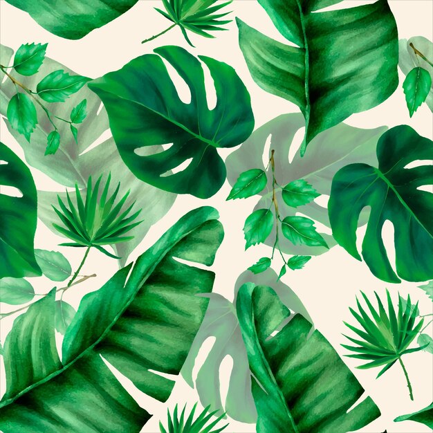 Elegant green tropical leaves watercolor seamless pattern