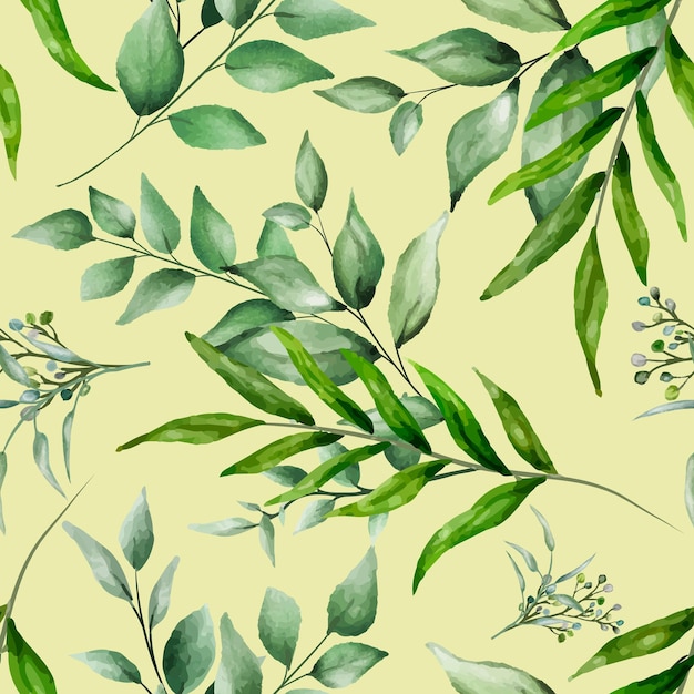 Free vector elegant greenery watercolor leaves seamless pattern